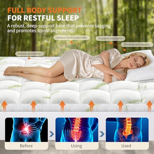 Sweetcrispy Full Size Cooling Bamboo Mattress Topper with Deep Pockets - White & Green
