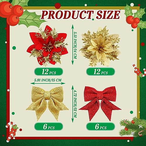36Pcs Poinsettia Christmas Ornaments Set with Bows for Tree, Wreath & Centerpiece