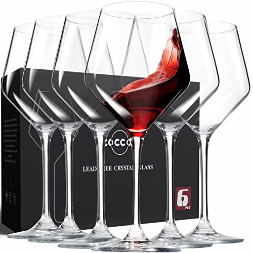 Crystal 6-Pack 16oz Lead-Free Hand Blown Wine Glasses - Italian Style Burgundy Long Stem Set