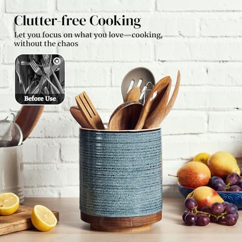 DOWAN Blue 7.6-Inch Rotating Extra Large Kitchen Utensil Holder - Farmhouse Style