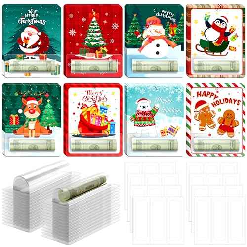 Christmas Money Holders for Cash Gift 24 Sets Cute Snowman Santa Merry Christmas Cards Money Holder Ornaments with Plastic Cover and Double Sided Tape for Hanging Christmas Tree Xmas Holiday Gifts