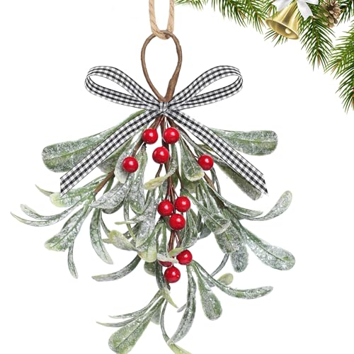 Artificial Mistletoe Décor for Doorways - 12in Glitter Leaves with Red Berries