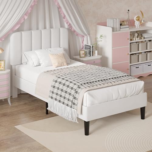 VECELO White Twin Size Upholstered Platform Bed Frame with Headboard