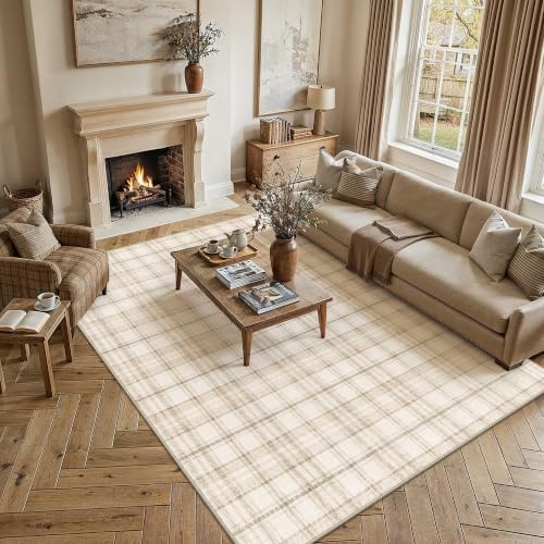 WondRg 7' x 9' Beige Plaid Living Room Area Rug - Non-Slip, Pet-Friendly