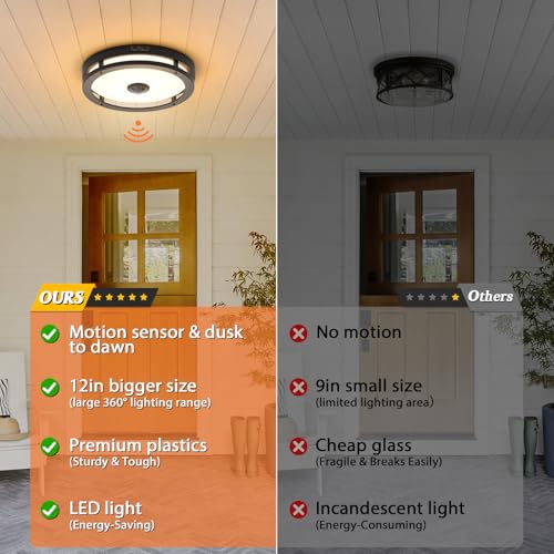 Outdoor Motion Sensor LED Ceiling Light 12-Inch Dusk to Dawn 2 Pack - 3000K