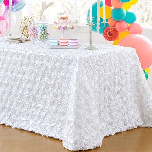 B-COOL 90x156 Inch White 3D Floral Rosette Satin Tablecloth – Rectangular