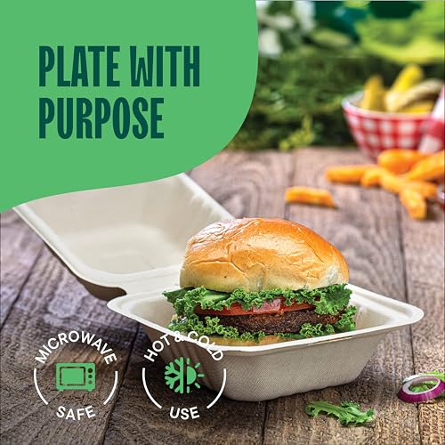 6x6 Compostable Clamshell Take Out Containers - 500-Pack, Heavy Duty, Sugarcane Fiber