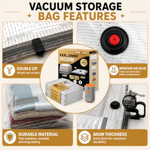 PackNstore XXXL Vacuum Storage Bags 8 Pack with Electric Pump - Space Saver for Clothes & Bedding