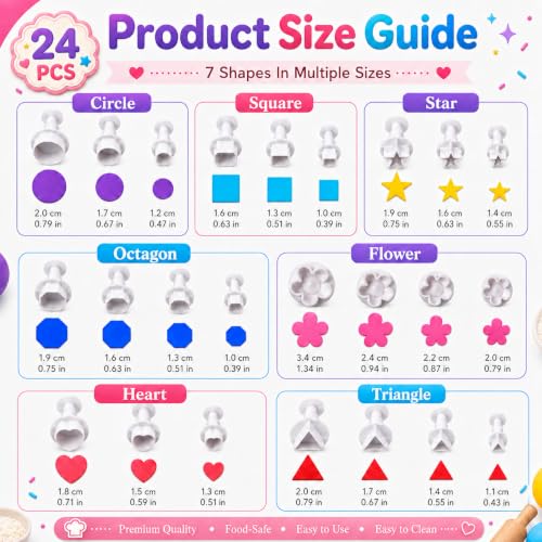 Crethinkaty 24pcs Fondant Plunger Cutters Set for Cake Decorating - Heart, Flower, Star, Geometric Shapes