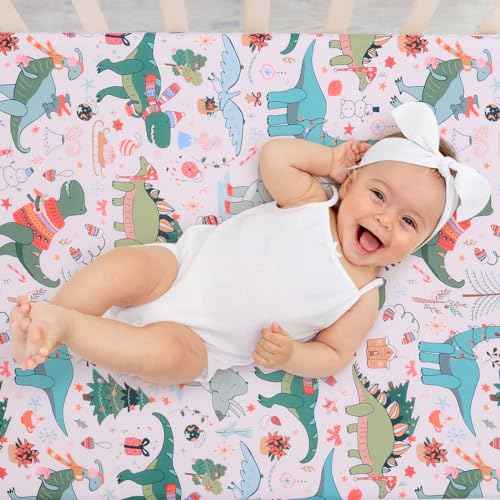 JISEN Christmas Fitted Crib Sheet - Soft Dinosaurs Pattern Baby Bed Sheets for Standard and Toddler Mattress for Boys Girls Neutral, Pink 28x52 Inch