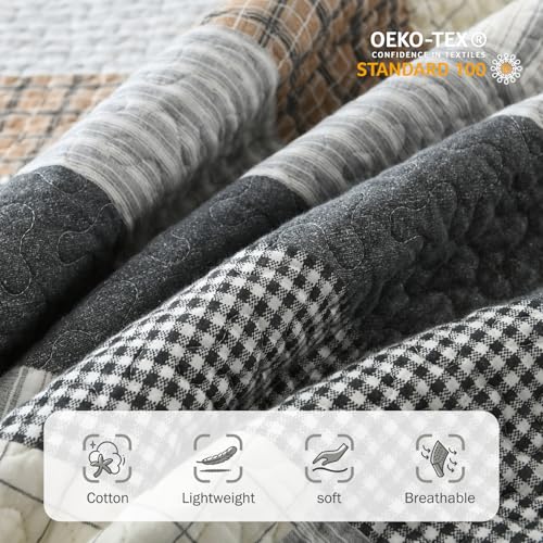 Queen Size Cotton Quilt Set with Striped Shams - Dark Grey, 3-Piece Bedding