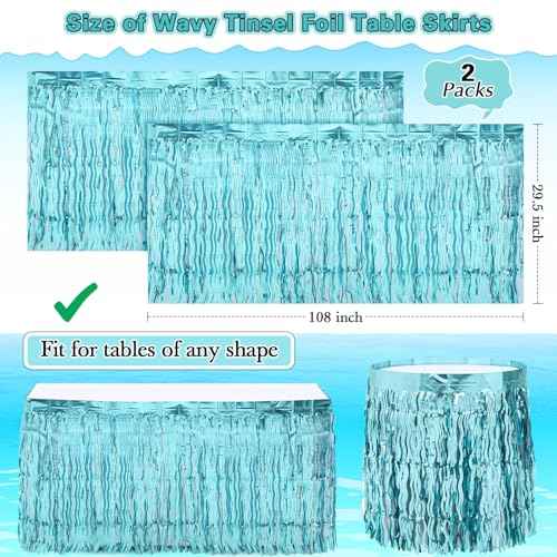 2 Pack Shiny Wavy Tinsel Foil Fringe Table Skirts Table Decorations for Mermaid Birthday Decorations, Summer Beach Theme, Ocean Tropical Shark Luau Birthday Party Decor (Teal Blue)