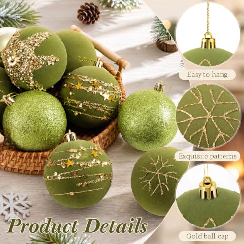 Syhood 12 Pack Olive Green Velvet Christmas Ornaments 3.15 Inch Holiday Decor