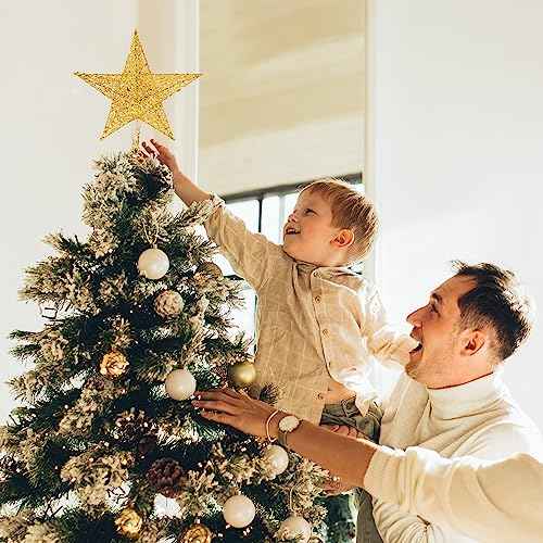 Glittered Christmas Tree Topper, 8 Inch Gold Glitter Christmas Tree Ornaments Metal Hollow Star for Christmas Tree Home Decoration for Home Xmas Holiday Party