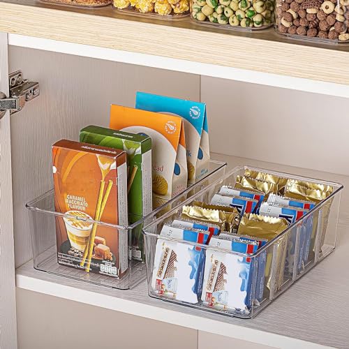 8 Pack Food Storage Organizer Bins - Clear Plastic with Removable Dividers
