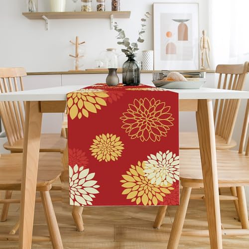 WHOMEAF Red Yellow Dahlia Burlap Table Runner 13 x 48 Inch - Christmas Decor
