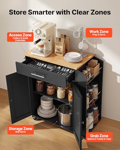 VEVOR Black Kitchen Island Cart with Storage, 31.3" Wide Mobile Rolling Trolley with Drawer & Spice Rack