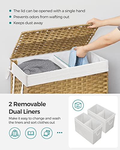 SONGMICS Laundry Hamper with Lid and 2 Sections - Natural 130L Wicker Basket with 6 Mesh Bags