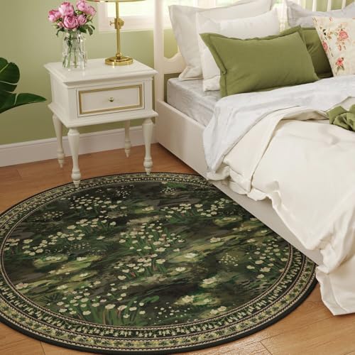 6ft Round Washable Vintage Impressionist-Style Area Rug - Green - Rugcomf