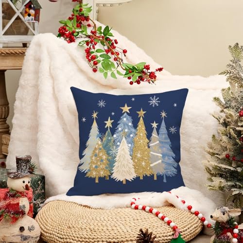 Christmas Pillow Cover 20x20 Inch Watercolor Tree & Stars Holiday Decor