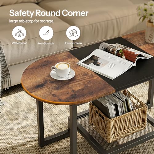 HOOBRO Rustic Brown & Black Oval Coffee Table with 2-Tier Storage - Small Modern Center Table for Living Room & Bedroom