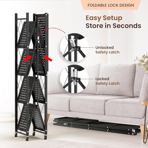 Black 5-Tier Foldable Storage Shelf with Wheels - Collapsible Metal Rack for Kitchen, Pantry & Closet