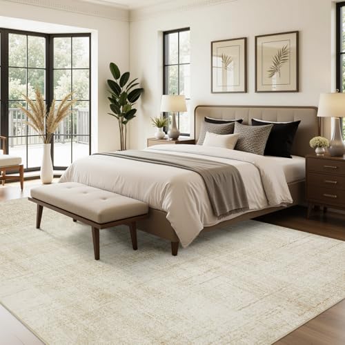 Joydeco 5x7 Beige Washable Abstract Area Rug for Living Room & Bedroom - Non-Slip, Pet Friendly