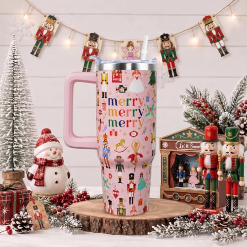 30 oz Pink Nutcracker Tumbler with Handle - Stainless Steel Vacuum Insulated Water Bottle, Gift for Dancers