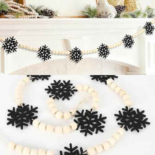 DAZONGE Christmas Decorations, Felt Snowflake Garland and Wood Beads for Farmhouse Christmas Banner Decor, Wall, Shelf, and Holiday Decorations