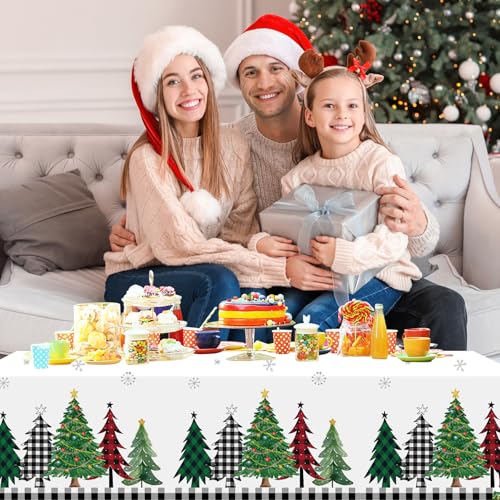 3Pcs Buffalo Plaid Christmas Tree Tablecloth, 54 x 108 Inch Waterproof Black and White Checkered Snowflake Table Cover, Xmas Party Decorations for Winter Holiday, New Year Decor