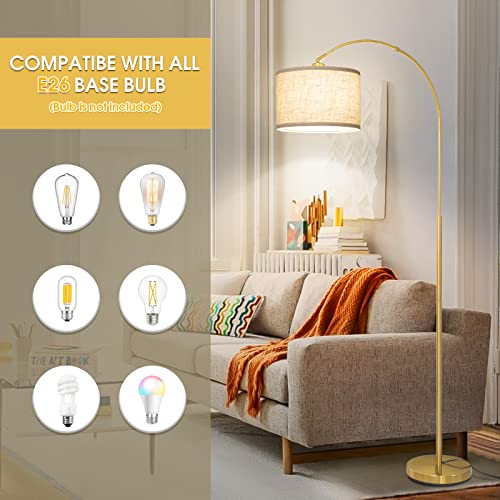 Gold Arc Floor Lamp for Living Room with Adjustable Drum Shade - Modern Tall Standing Light with Foot Switch