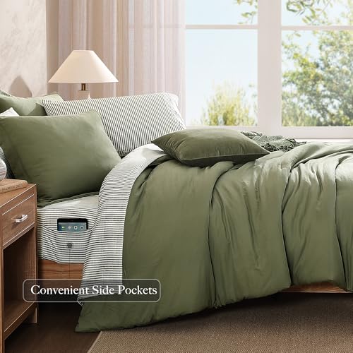 Monbix Olive Queen Comforter Set – 7 Pieces Bed in a Bag, All Season Cozy Bedding