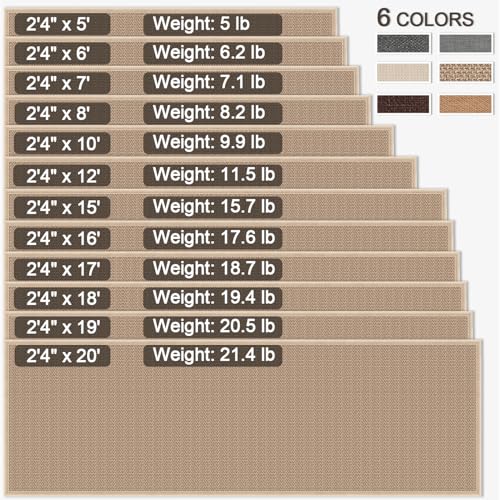 20ft Khaki Jute Hallway Runner Rug Non-Skid Washable Rubber Backed Indoor Entryway Carpet