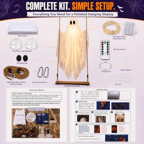 EMPJJLZ 6.5FT Hanging Swing Ghost Halloween Outdoor Decor with Remote Light Up & Motion