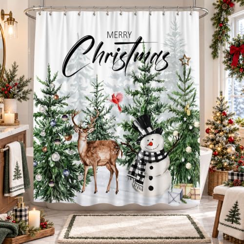 GOAOK Farmhouse Christmas Forest Shower Curtain Set, 72x72 Inches, Green Woodland Snowman Deer Snowflake Holiday Bathroom Decor with Hooks