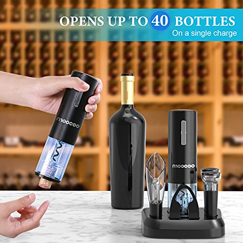 Black Electric Wine Opener Set with Charging Base, 2-in-1 Aerator & Pourer, Vacuum Stoppers & Foil Cutter
