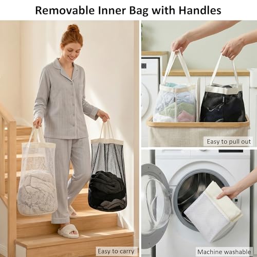 Double Laundry Hamper with Lid and 2 Removable Bags - Beige, 170L Capacity