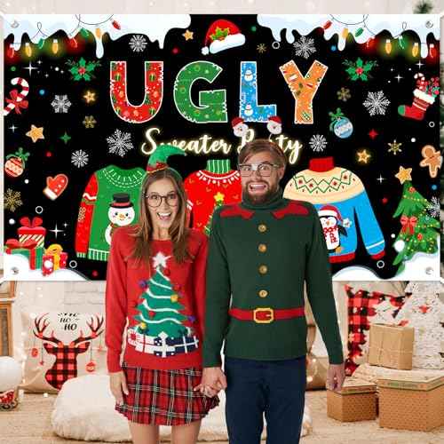 Avezano Ugly Sweater Party Banner Ugly Christmas Sweater Party Decorations Backdrop Xmas Elfed Up Photo Booth Background Banner (6x3.6ft)