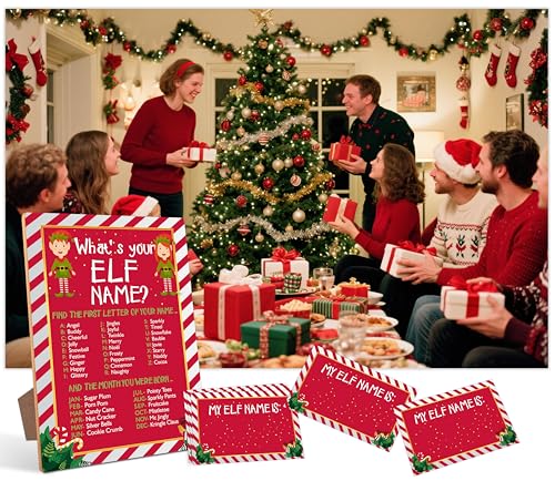 Mysrin Christmas01 What’s Your Elf Name? Wooden Sign Game with Stand + 50 Cards, Party Family Christmas