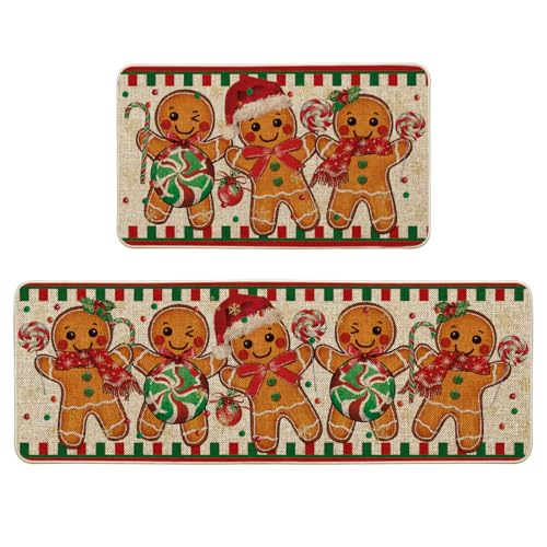 Artoid Mode Gingerbread Candy Cane Christmas Kitchen Mats Set of 2 - 17x29 & 17x47 Inches, Beige Seasonal Rugs for Home Decor