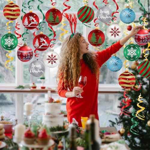 30 Pcs Pre-Strung Christmas Hanging Swirl Decorations, Christmas Ball Hanging Foil Streamer, Christmas Home Party Outdoor Indoor Decor Christmas Tree Snowflake Reindeer Ceiling Party Supplies