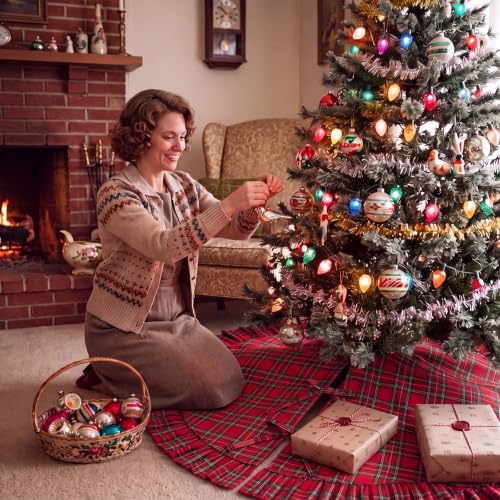 Relaxgiant 48 Inch Plaid Christmas Tree Skirt with Ruffle - Red Green