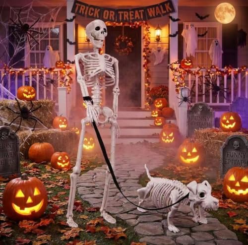 White Human Skeleton & Dog Halloween Decorations Outdoor Indoor - Posable & Weather-Resistant