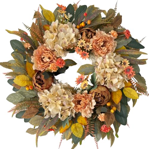 HipTree 24-Inch Fall Hydrangea and Peony Wreath - Creamy Variation 09