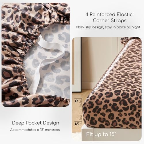 MR&HM Satin Bed Sheets Queen Size with Elastic Corner Straps - Brown Leopard