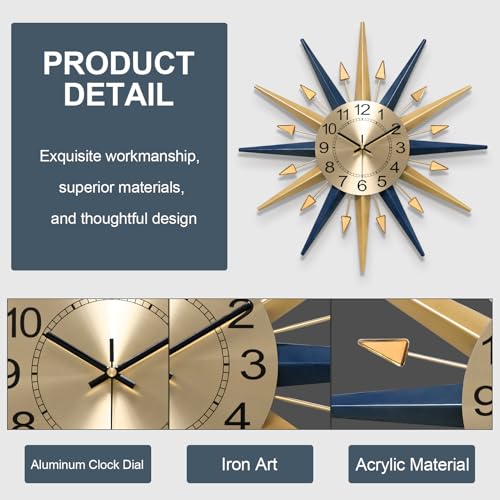 HEBOIX 22 Inch Large Mid-Century Wall Clock - Decorative Metal Industrial Style