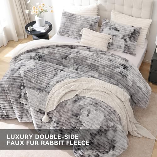 King Size Fluffy Comforter Set - Tie-Dye Grey Fleece Bedding 3 Pieces