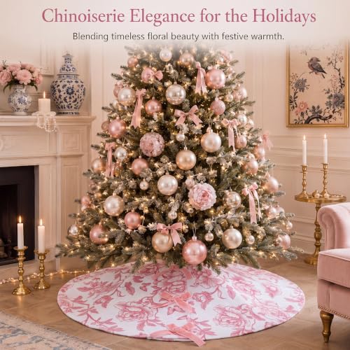 Syhood 30'' Pink Chinoiserie Velvet Christmas Tree Skirt with Bow