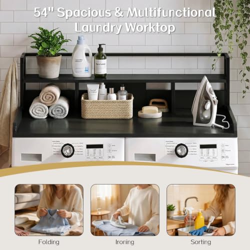 2-Tier Laundry Countertop with Hooks - 54 x 27.5 Inches, Black Finish