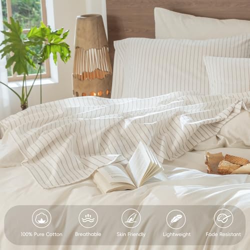 MooMee Wide Stripes Queen Sheet Set - White & Linen Grey 100% Washed Cotton